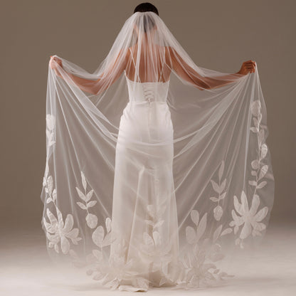 Cathedral Veil with Large Lace Magnolia Flowers - view 1