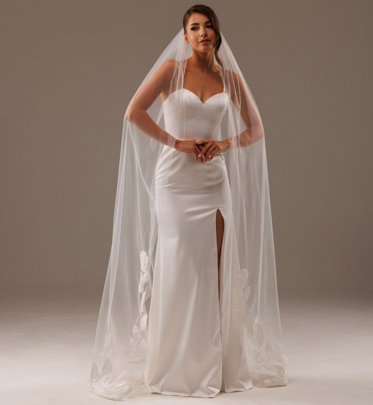 Cathedral Veil with Large Lace Magnolia Flowers - view 5