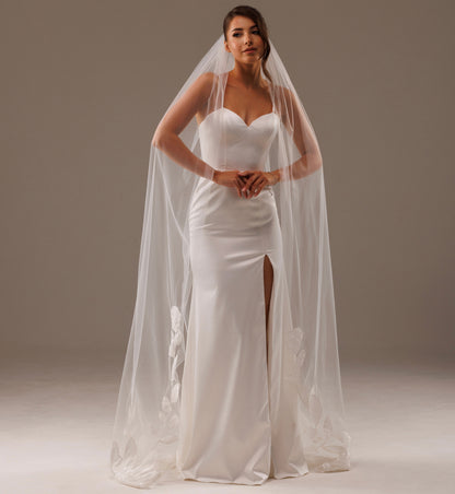 Cathedral Veil with Large Lace Magnolia Flowers - view 5