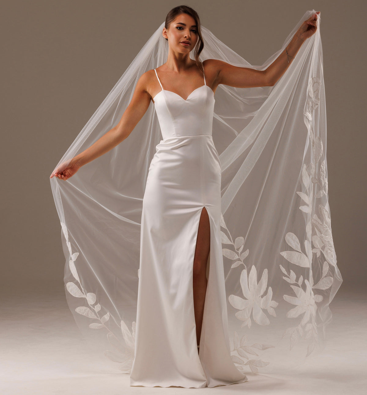 Cathedral Veil with Large Lace Magnolia Flowers - view 2