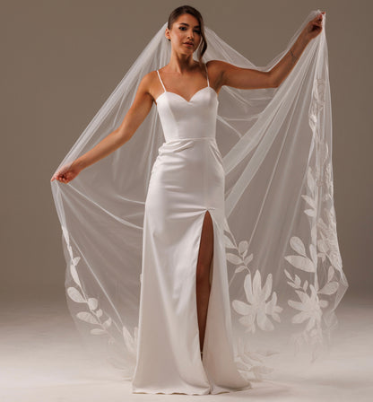 Cathedral Veil with Large Lace Magnolia Flowers - view 2