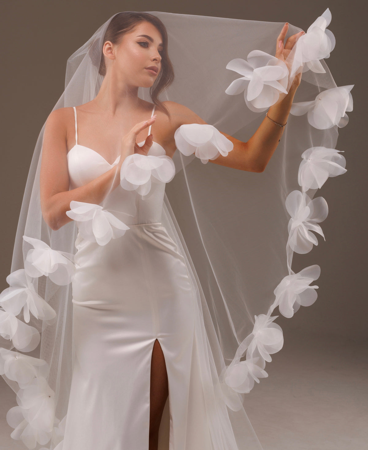 Two-Layer Veil with 3D Flower Buds and Pearls - view 1