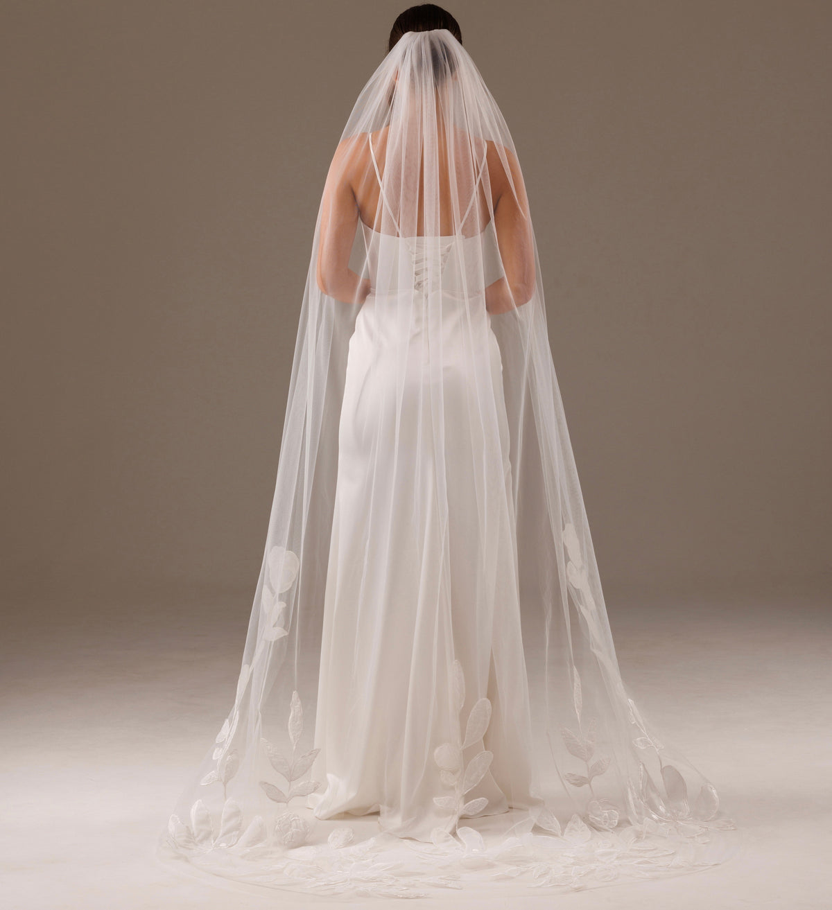 Cathedral Veil with Large Lace Magnolia Flowers - view 3