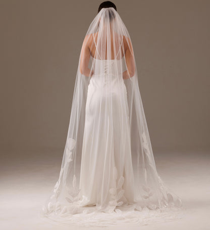 Cathedral Veil with Large Lace Magnolia Flowers - view 3