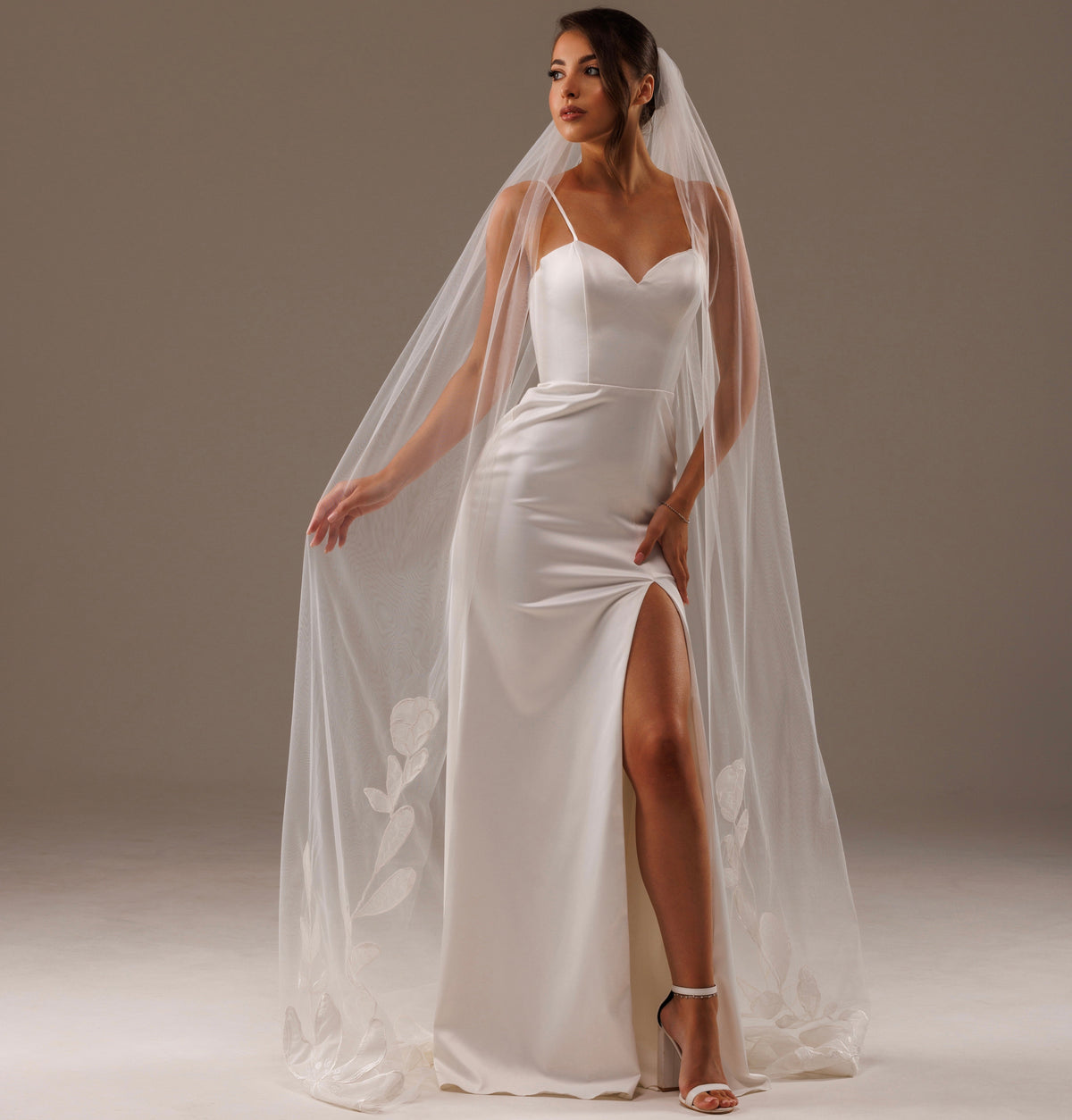 Cathedral Veil with Large Lace Magnolia Flowers - view 4