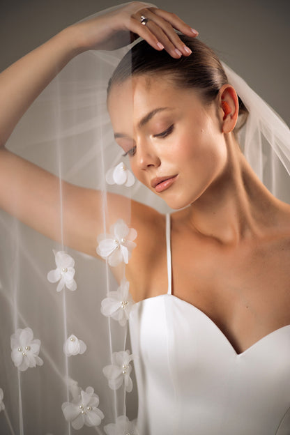 Extra-Wide Veil with 3D Organza Flowers and Pearls - view 2