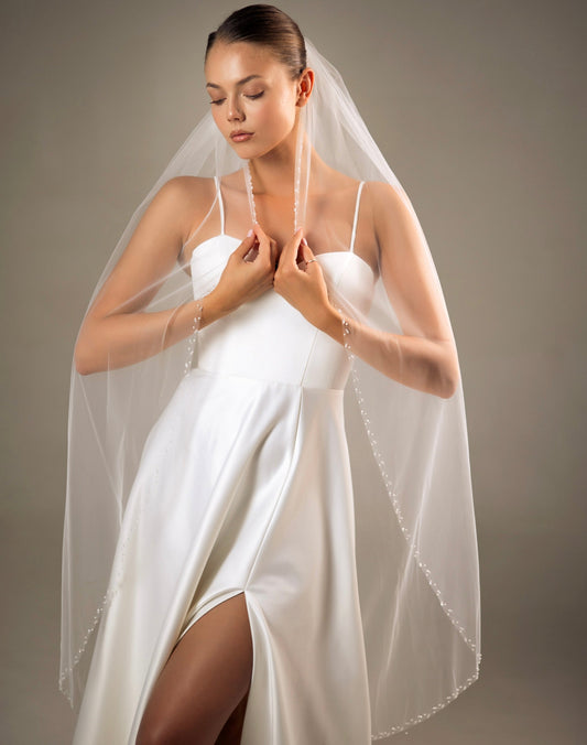 Veil with Pearl and Crystal Beaded Edge - view 1