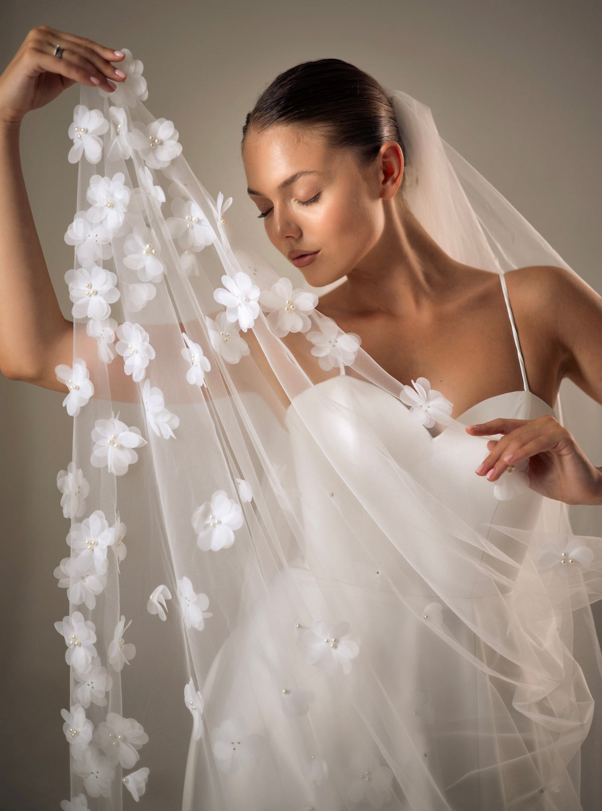 Extra-Wide Veil with 3D Organza Flowers and Pearls - view 1