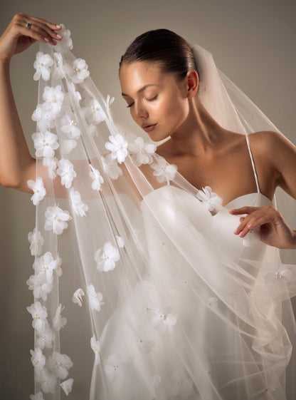 Extra-Wide Veil with 3D Organza Flowers and Pearls - view 1