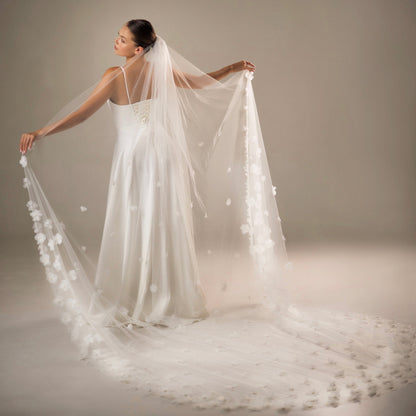 Extra-Wide Veil with 3D Organza Flowers and Pearls - view 4