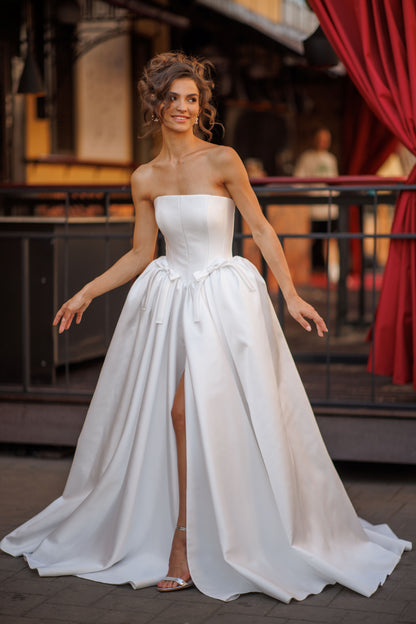 Princess Mikado wedding dress with chapel train & slit skirt