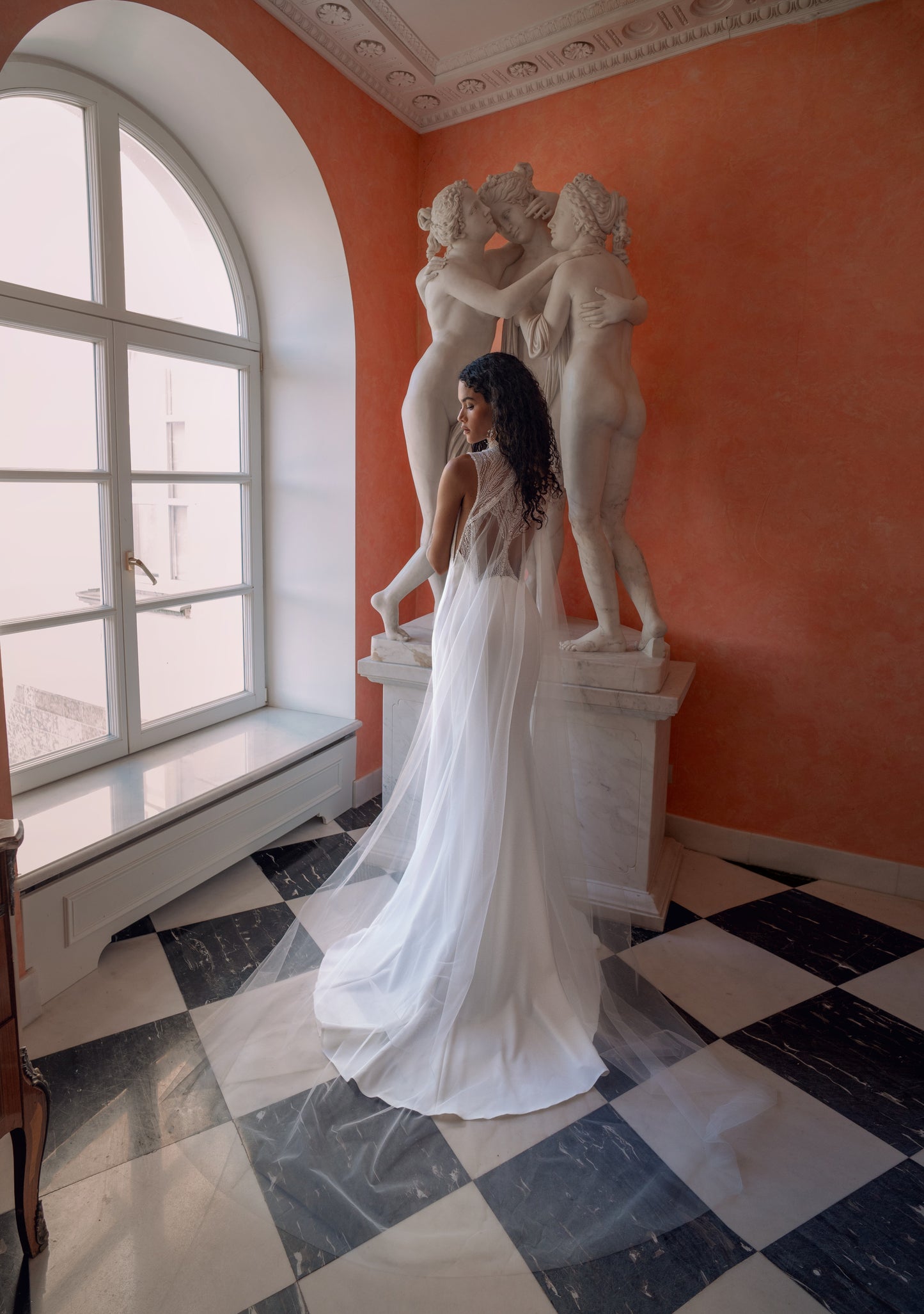 High-Neck Crepe Wedding Dress with Beaded Illusion Back & Cape