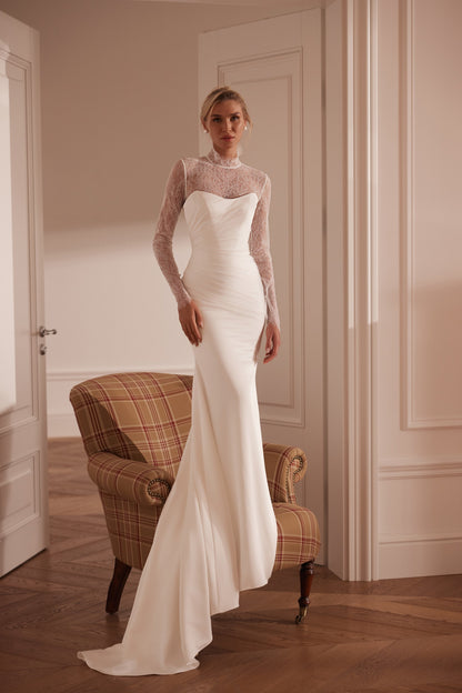 Strapless mermaid crepe wedding dress with ruched bodice and lace bodysuit - front view