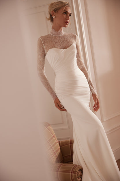 Strapless mermaid crepe wedding dress with ruched bodice and lace bodysuit - side view