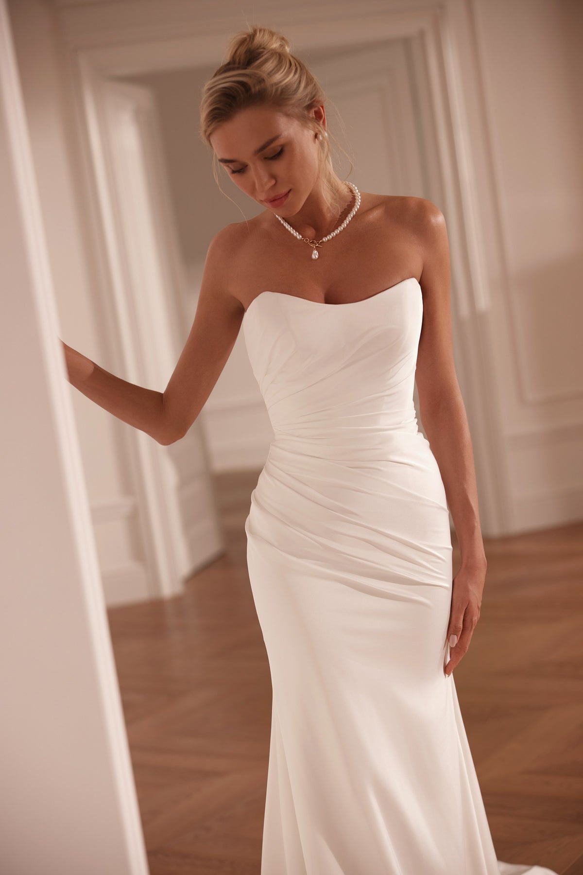 Strapless mermaid crepe wedding dress with ruched bodice - full length