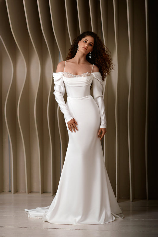 Satin wedding dress with sweetheart neckline & fishtail train