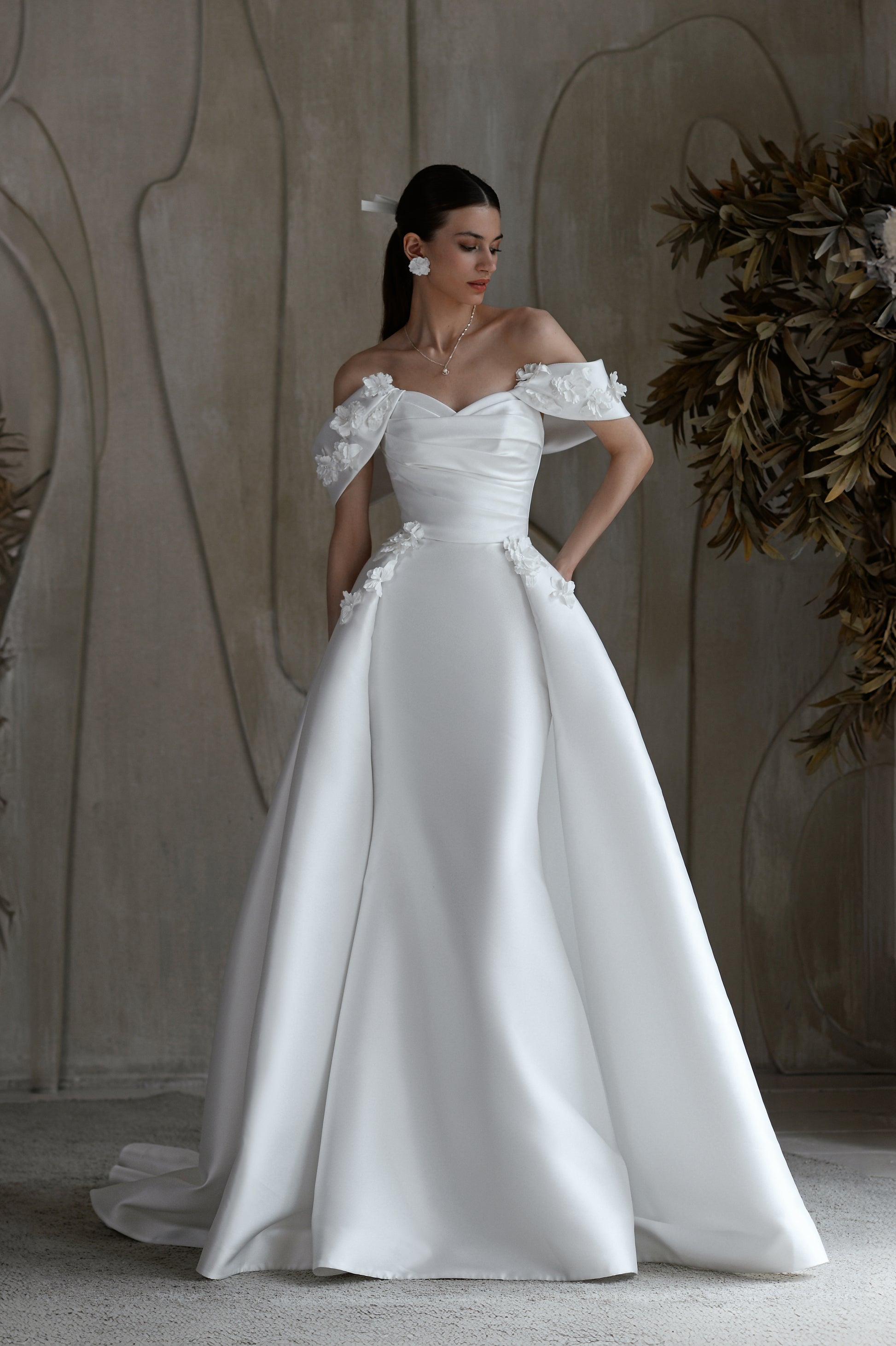 mermaid off the shoulder wedding dress Mermaid Off-Shoulder 3D Floral Sweetheart Mikado Wedding Dress – Think Bridal