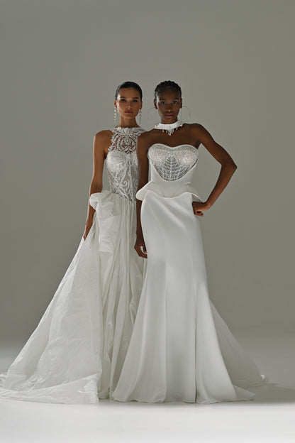 Soft satin mermaid wedding dress with lace corset and peplum waist – two brides standing together