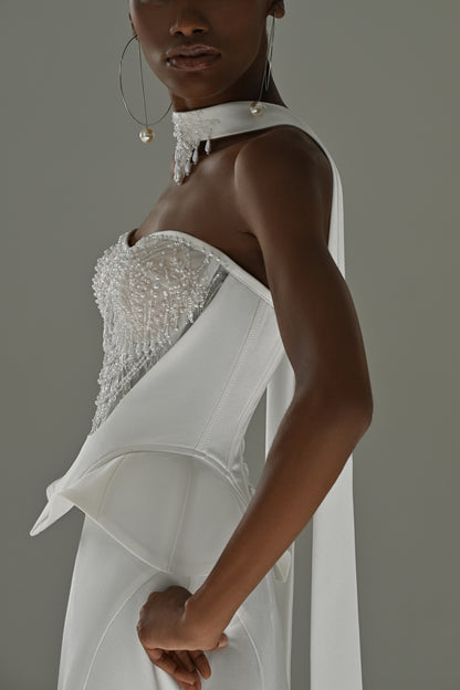 Soft satin mermaid wedding dress – side close-up of the peplum waist and sheer scarf