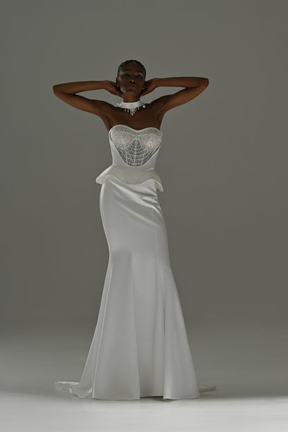 Soft satin mermaid wedding dress with lace corset – full-length front view, hands behind the head