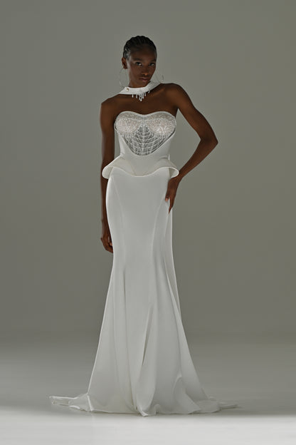 Soft satin mermaid wedding dress with peplum waist – full-length front view, hand on hip