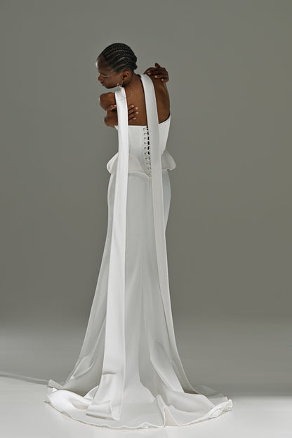 Soft satin mermaid wedding dress with scarf – back view of the long scarf and train