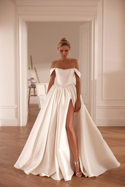 A-line mikado wedding dress with corset bodice, off-the-shoulder straps and high slit - front view