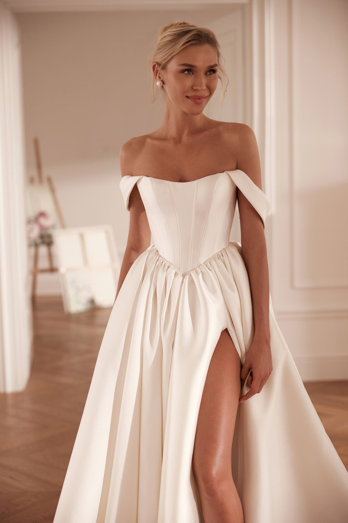 A-line mikado wedding dress with corset bodice and off-the-shoulder straps - side view