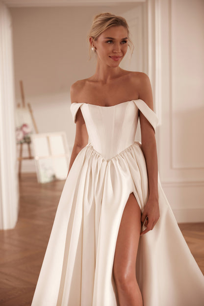 A-line mikado wedding dress with corset bodice and off-the-shoulder straps - side view