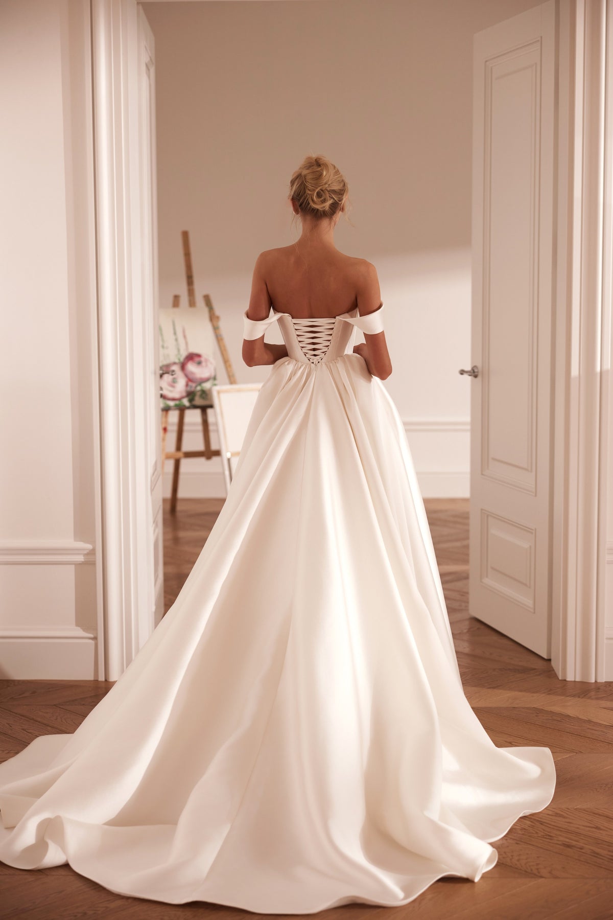A-line mikado wedding dress with corset bodice and high slit - back view