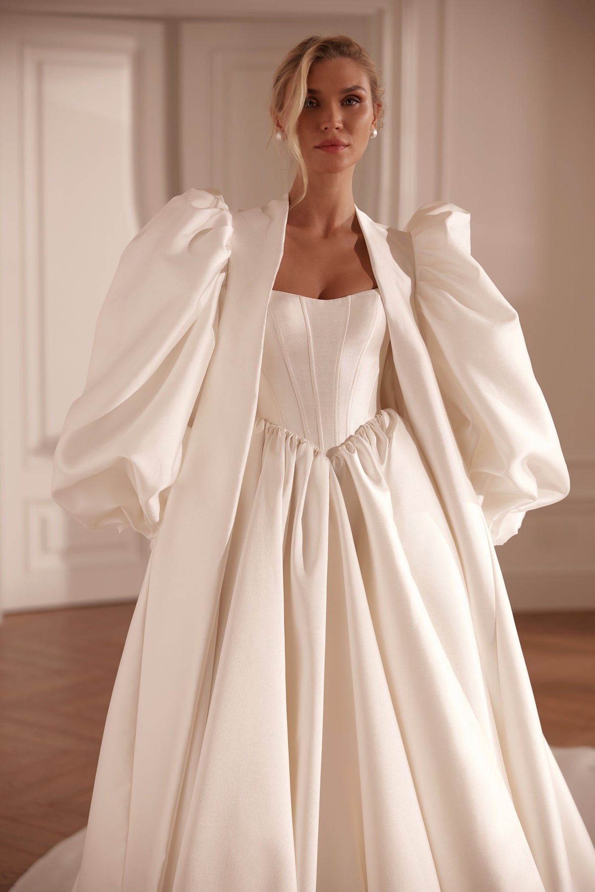 A-line mikado wedding dress with corset bodice and detachable cape - front view