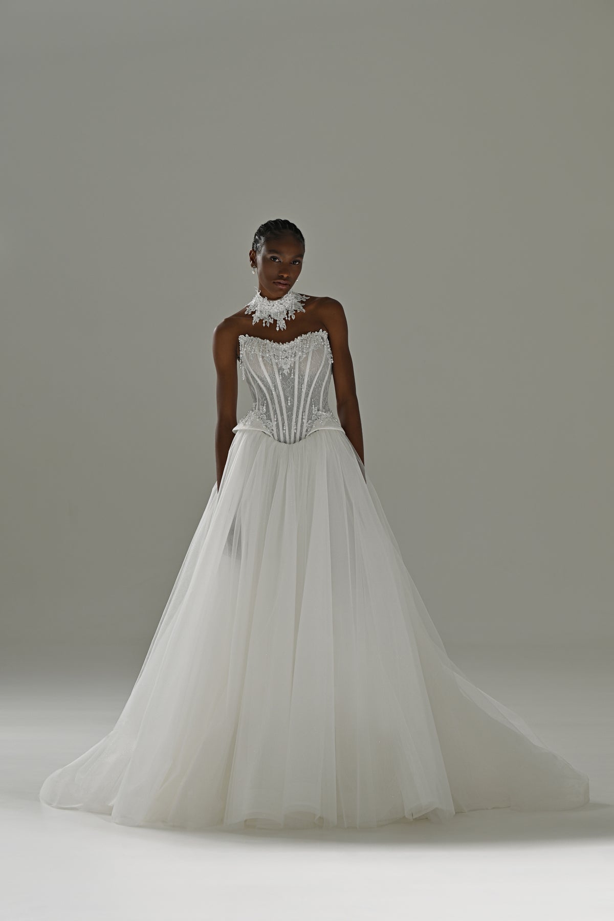 Tulle ball gown wedding dress with lace corset and choker – full-length front view