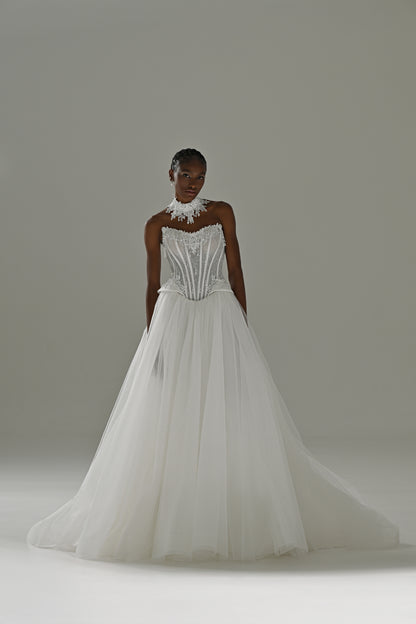 Tulle ball gown wedding dress with lace corset and choker – full-length front view