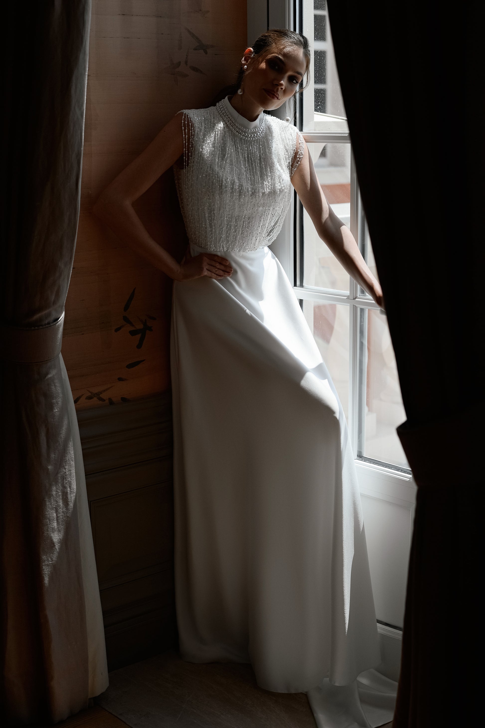 Sleeveless Lace Bodice Mockneck Satin A-line Wedding Dress. Think Bridal Sleeveless Lace Bodice Mockneck Satin A-line Wedding Dress. Think Bridal