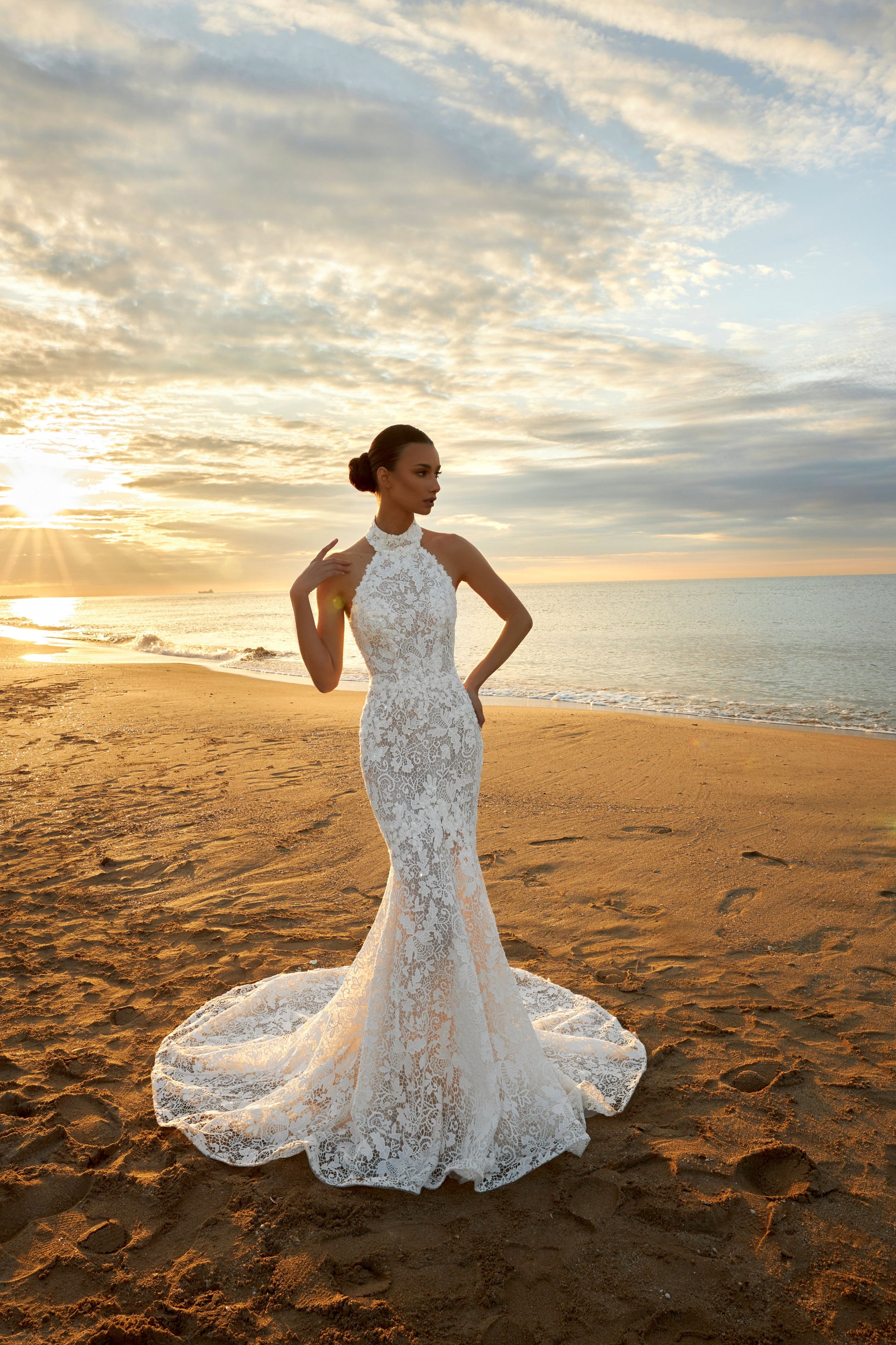 Bride wearing sleeveless halter neckline lace mermaid wedding gown with open back, fitted silhouette, zip closure, and sweep train.