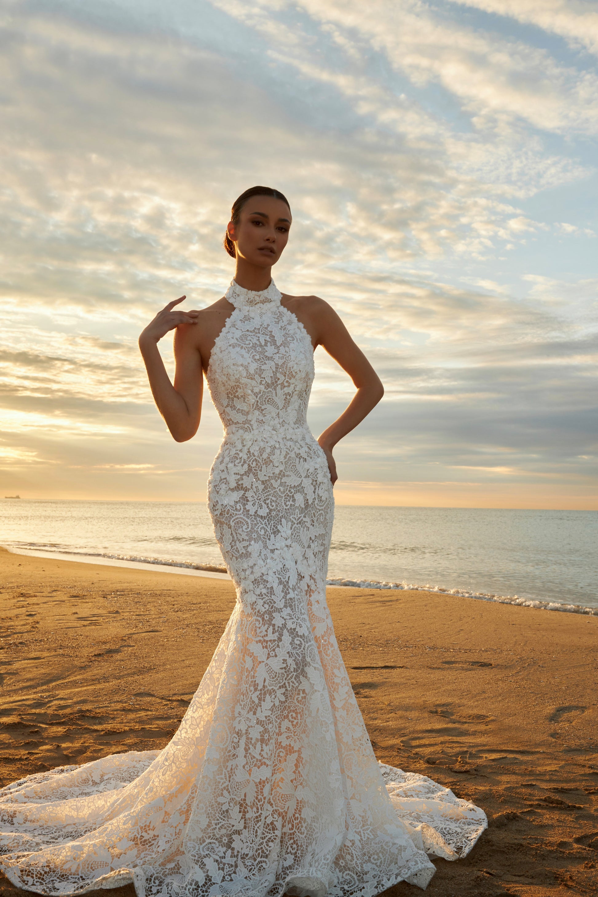 Bride wearing sleeveless halter neckline lace mermaid wedding gown with open back, fitted silhouette, zip closure, and sweep train.