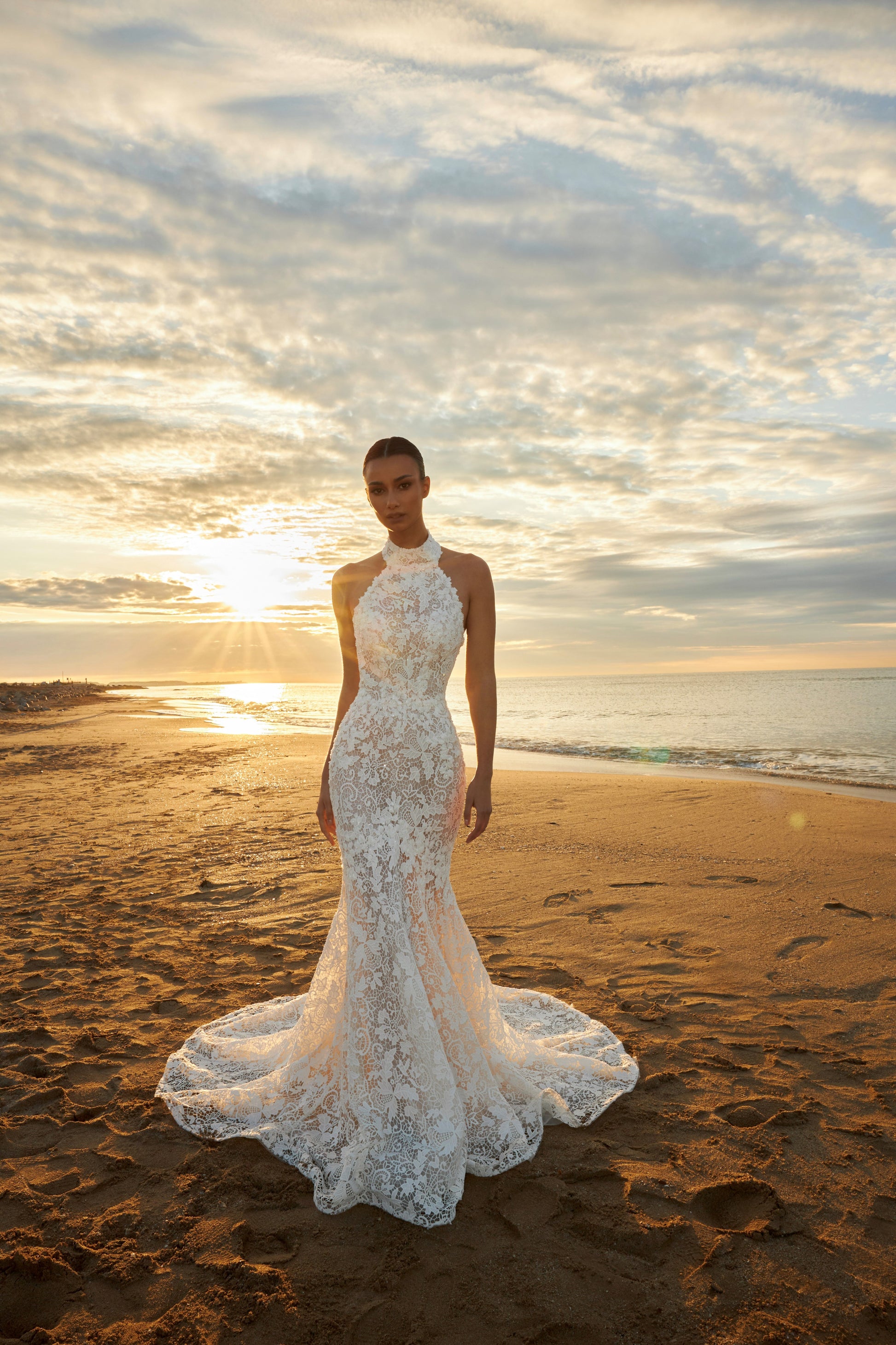 Sleeveless Halter Neckline Backless Lace Mermaid Wedding Dress with Sw – Think Bridal