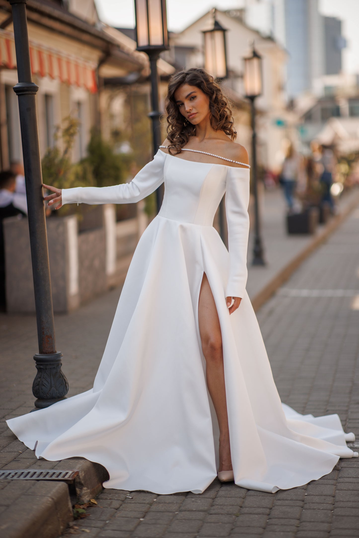 Classic Minimalist A-line Long sleeve Off the shoulder Straight neckline Open straight back Lace-up closure Slit skirt Simple plain Court train Mikado Wedding dress