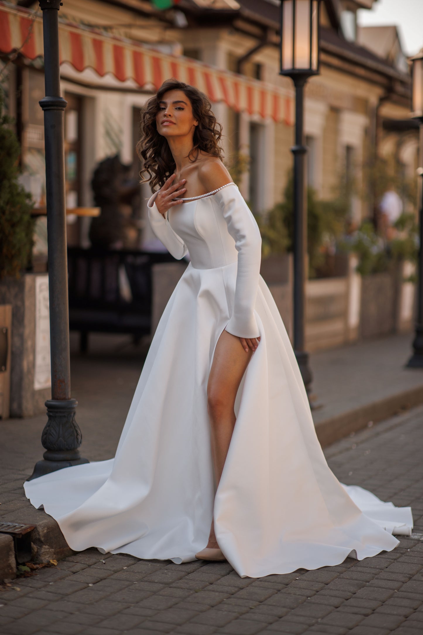 Classic Minimalist A-line Long sleeve Off the shoulder Straight neckline Open straight back Lace-up closure Slit skirt Simple plain Court train Mikado Wedding dress