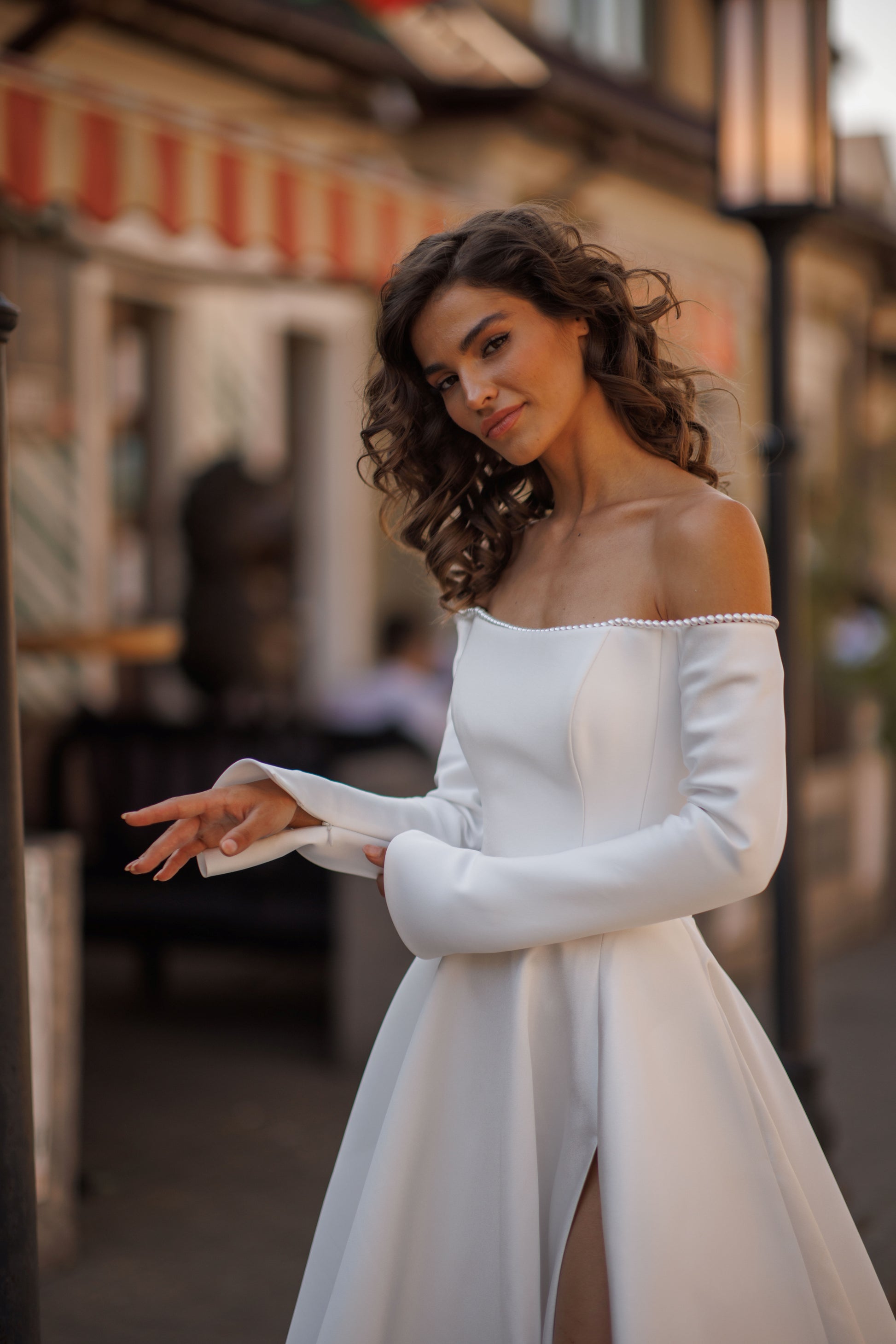 long sleeve mikado wedding dress MERIANN A & M Enterprises Bridal