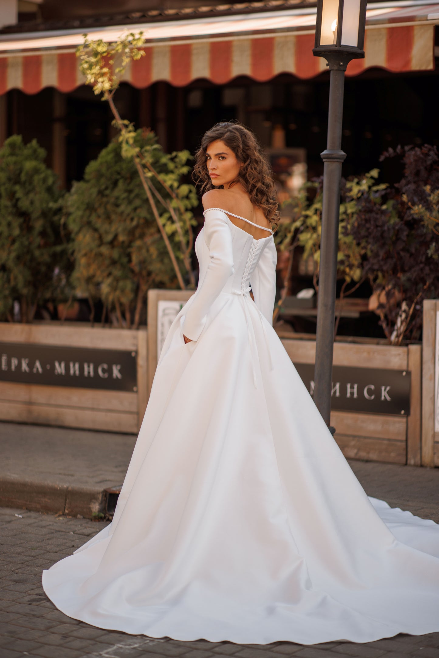 Classic Minimalist A-line Long sleeve Off the shoulder Straight neckline Open straight back Lace-up closure Slit skirt Simple plain Court train Mikado Wedding dress