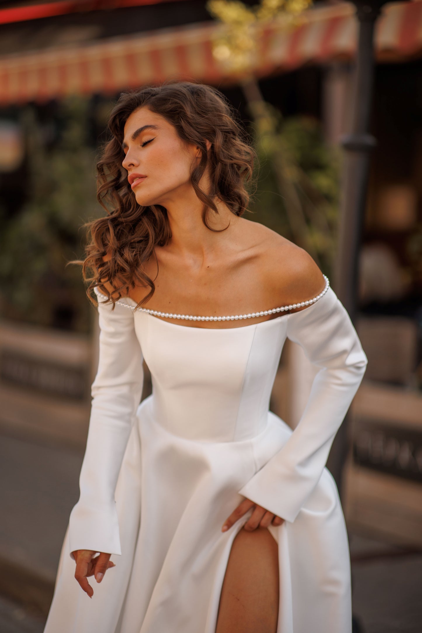 Classic Minimalist A-line Long sleeve Off the shoulder Straight neckline Open straight back Lace-up closure Slit skirt Simple plain Court train Mikado Wedding dress