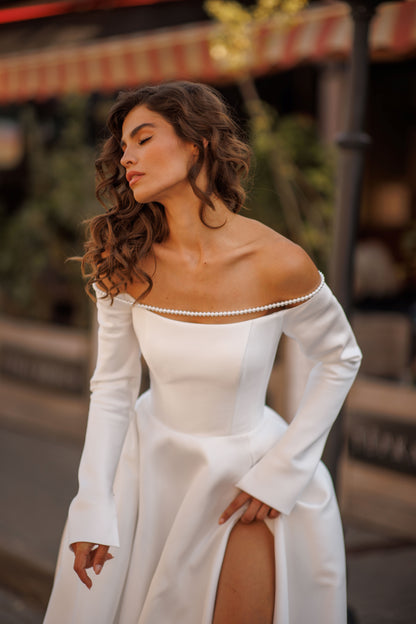 Mikado A-line off-the-shoulder wedding dress with long sleeves