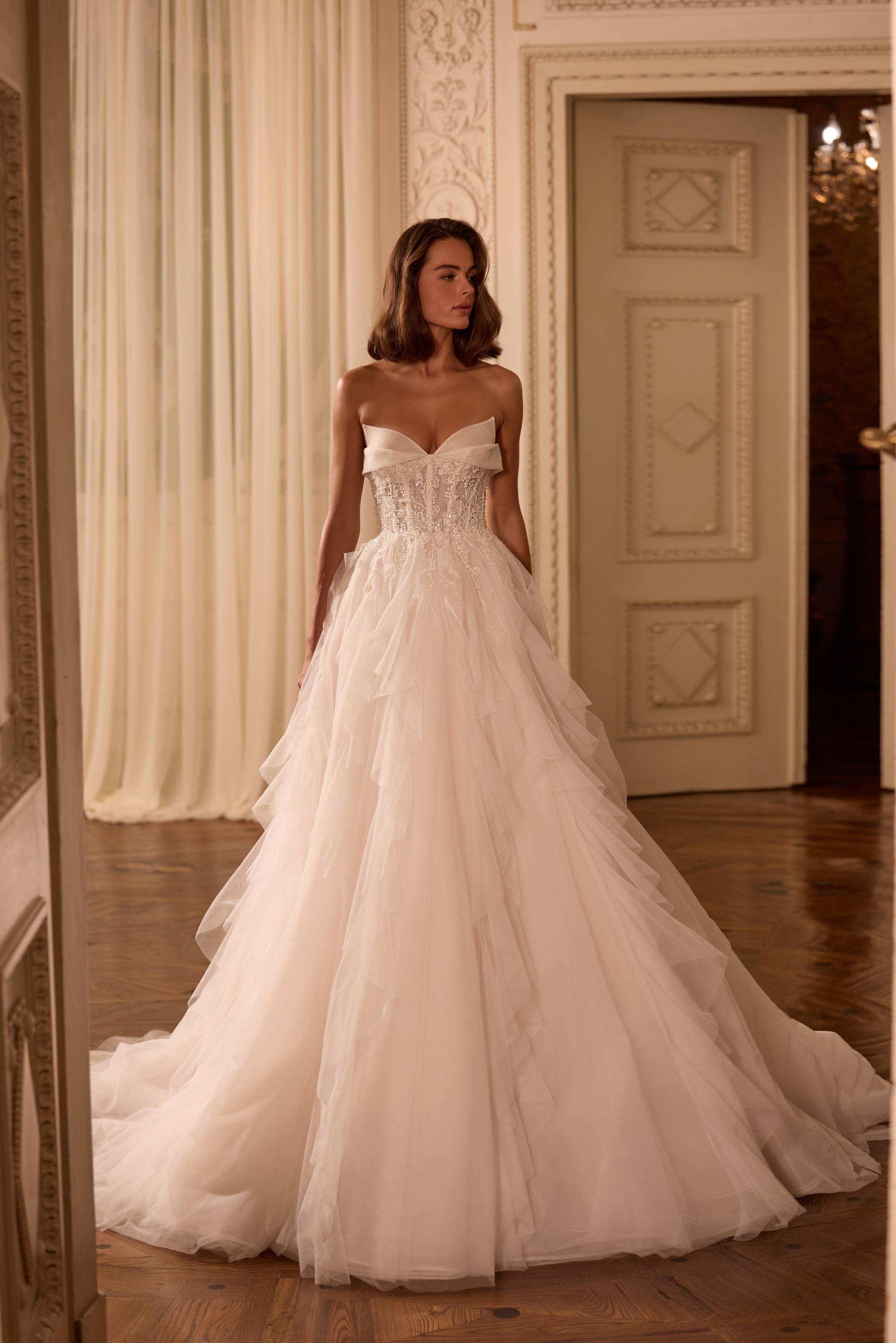 Strapless Tulle A-Line Wedding Dress with Beaded Corset Layered Skirt 8 Strapless Tulle A-Line Wedding Dress with Beaded Corset Layered Skirt 8