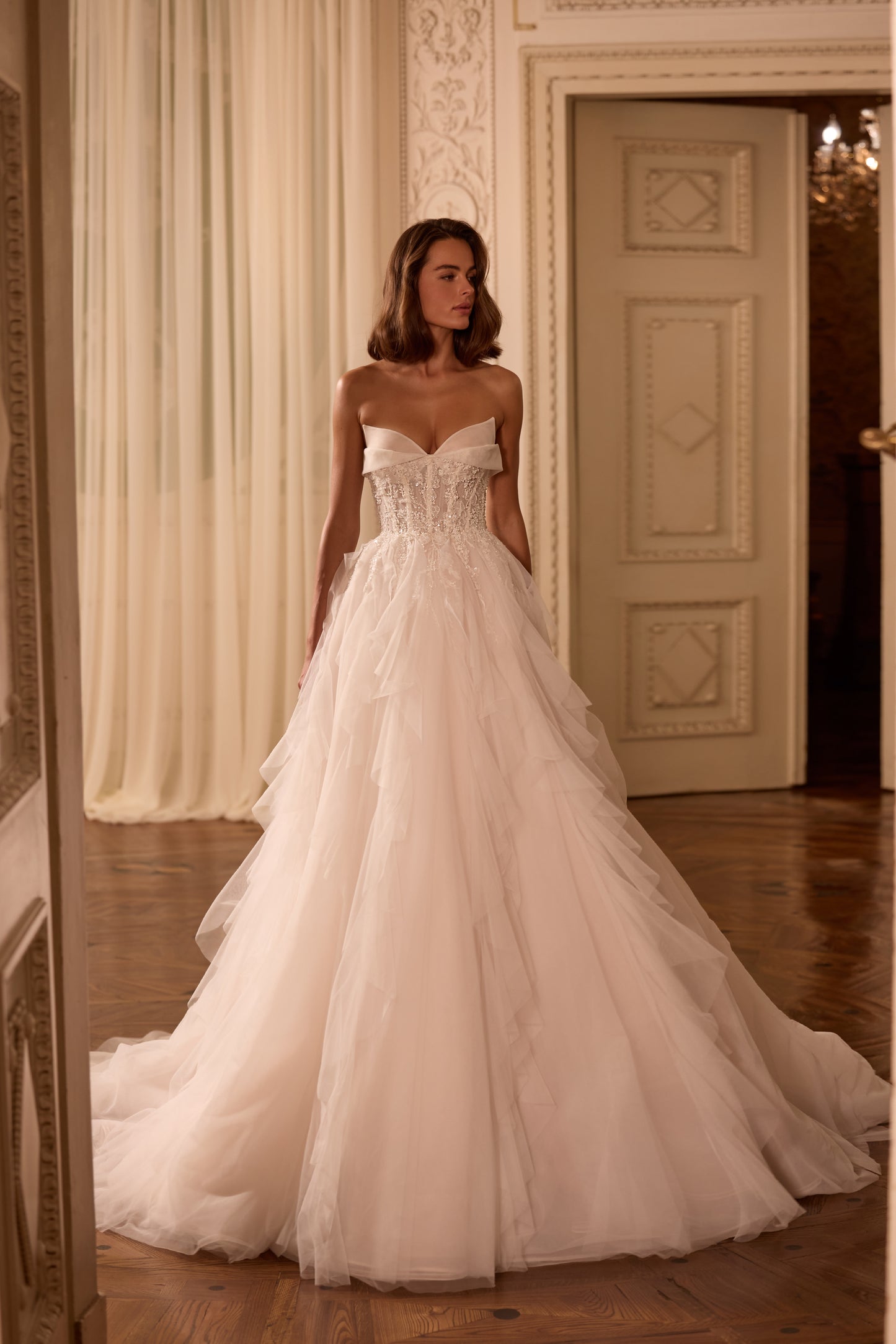 Strapless Tulle A-Line Wedding Dress with Beaded Corset Layered Skirt