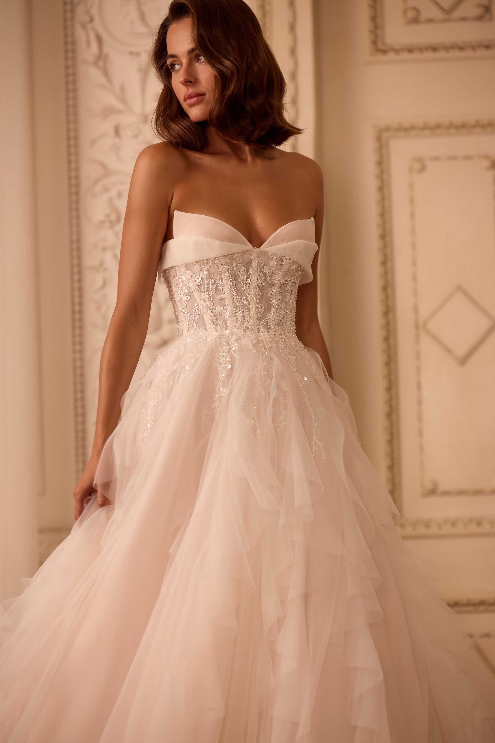 Strapless Tulle A-Line Wedding Dress with Beaded Corset Layered Skirt 8 Strapless Tulle A-Line Wedding Dress with Beaded Corset Layered Skirt 8