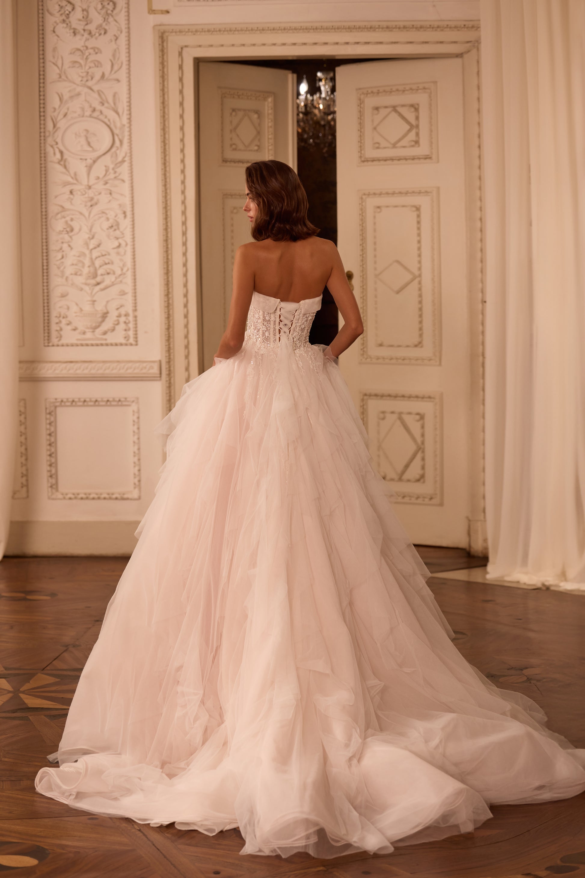 Strapless Tulle A-Line Wedding Dress with Beaded Corset Layered Skirt 8 Strapless Tulle A-Line Wedding Dress with Beaded Corset Layered Skirt 8