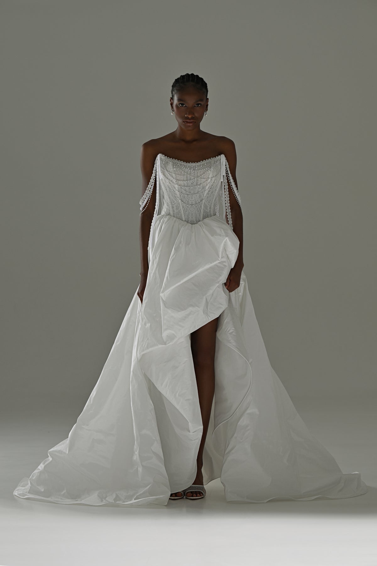 Taffeta wedding dress with high-slit overskirt – full-length front view