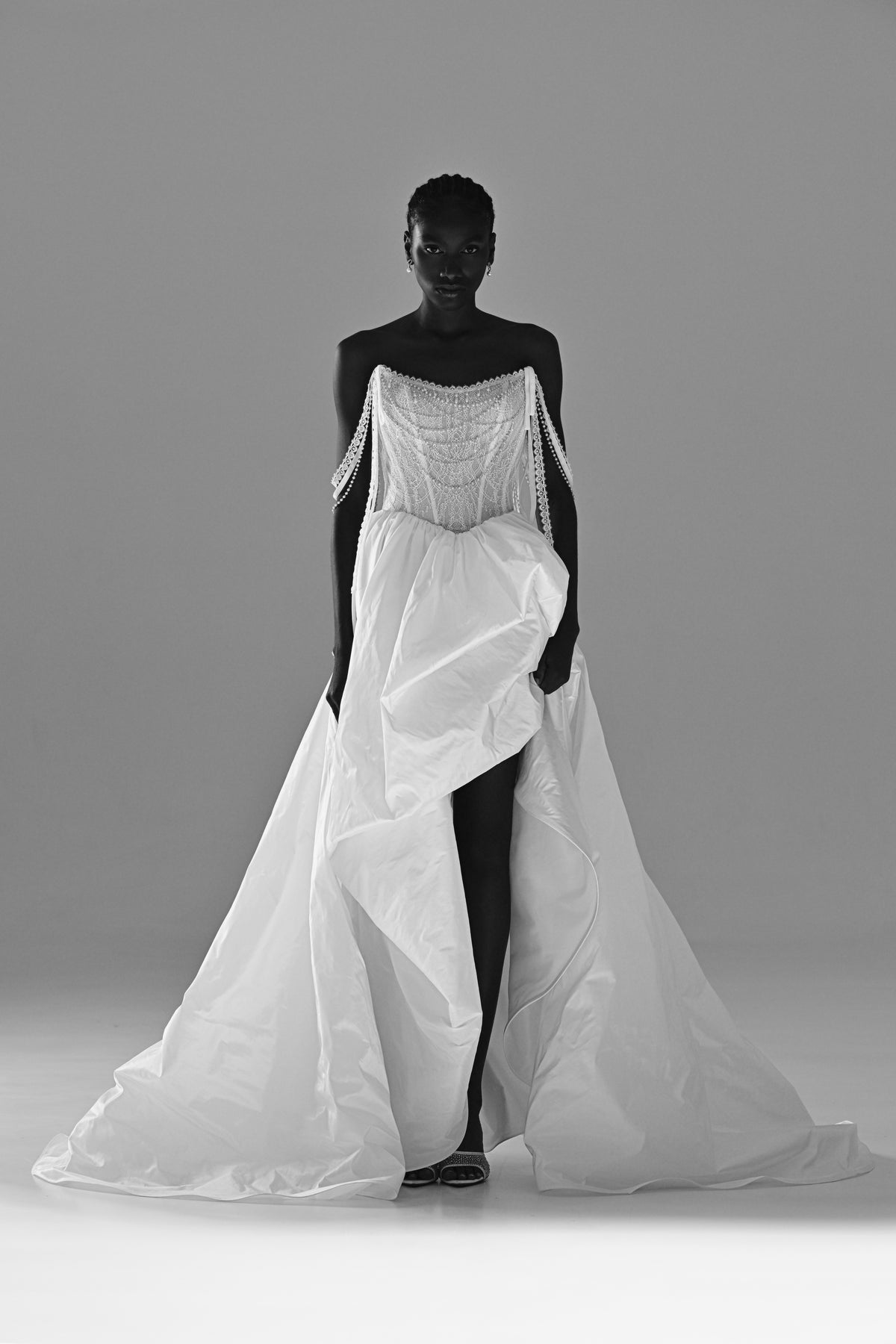 Taffeta wedding dress with high-slit overskirt – black and white full-length front view
