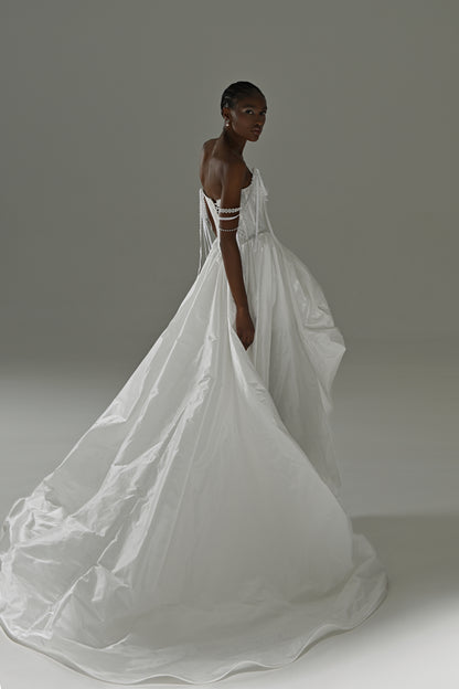 Taffeta wedding dress with lace corset – three-quarter view of the long train